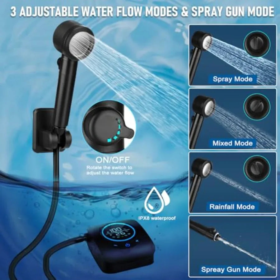 Portable Shower for Camping, [Upgraded] 8000mAh Rechargeable Camping Shower with 5 Adjustable Speeds, 4 Spray Modes