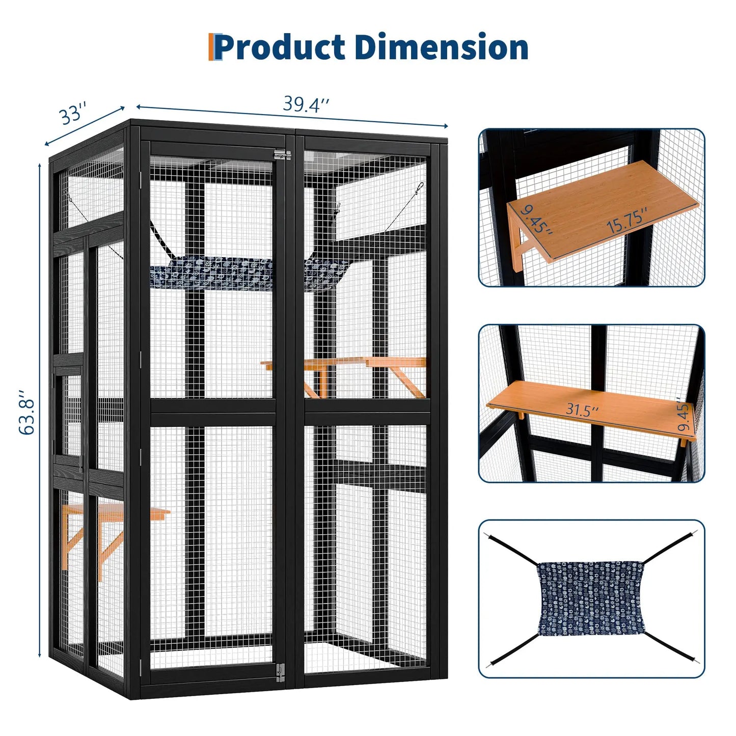 64 Inch Large Wooden Catio Outdoor Cat Enclosure Window Cat House with Wheels 3 Platforms Weatherproof Roof Cage