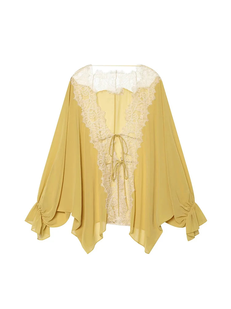 TFMLN Women Lace Patchwork Lantern Long Sleeve Shirt Top Tie-up Loose Sheer Blouse Elegant Irregular High Street Fashion Lady