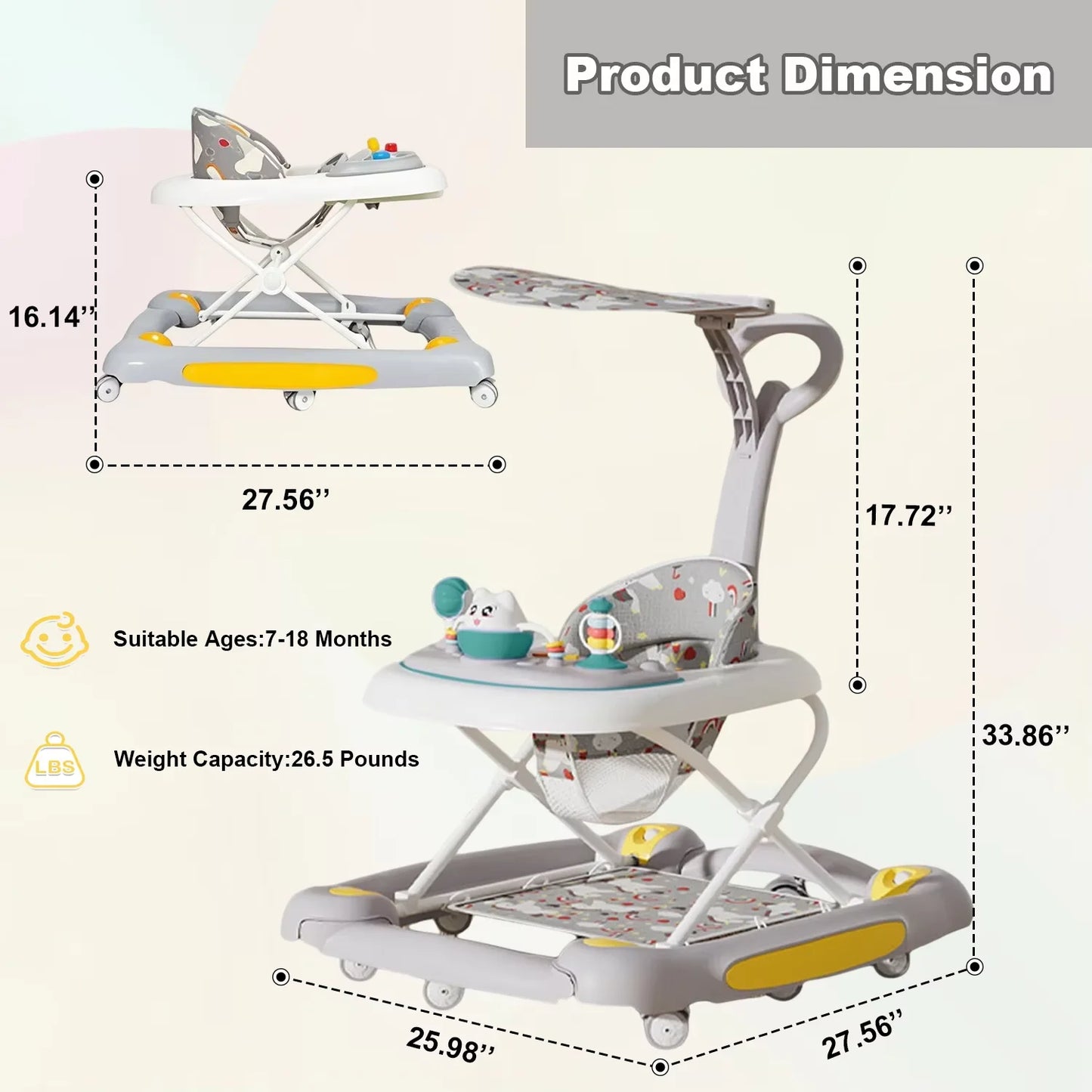 Multifunctional Baby Walker with Music,Lights,Spinning Wheels,Toy Rack,Pusher,Dining Tray For Kids Push Walker Antirollover 2026