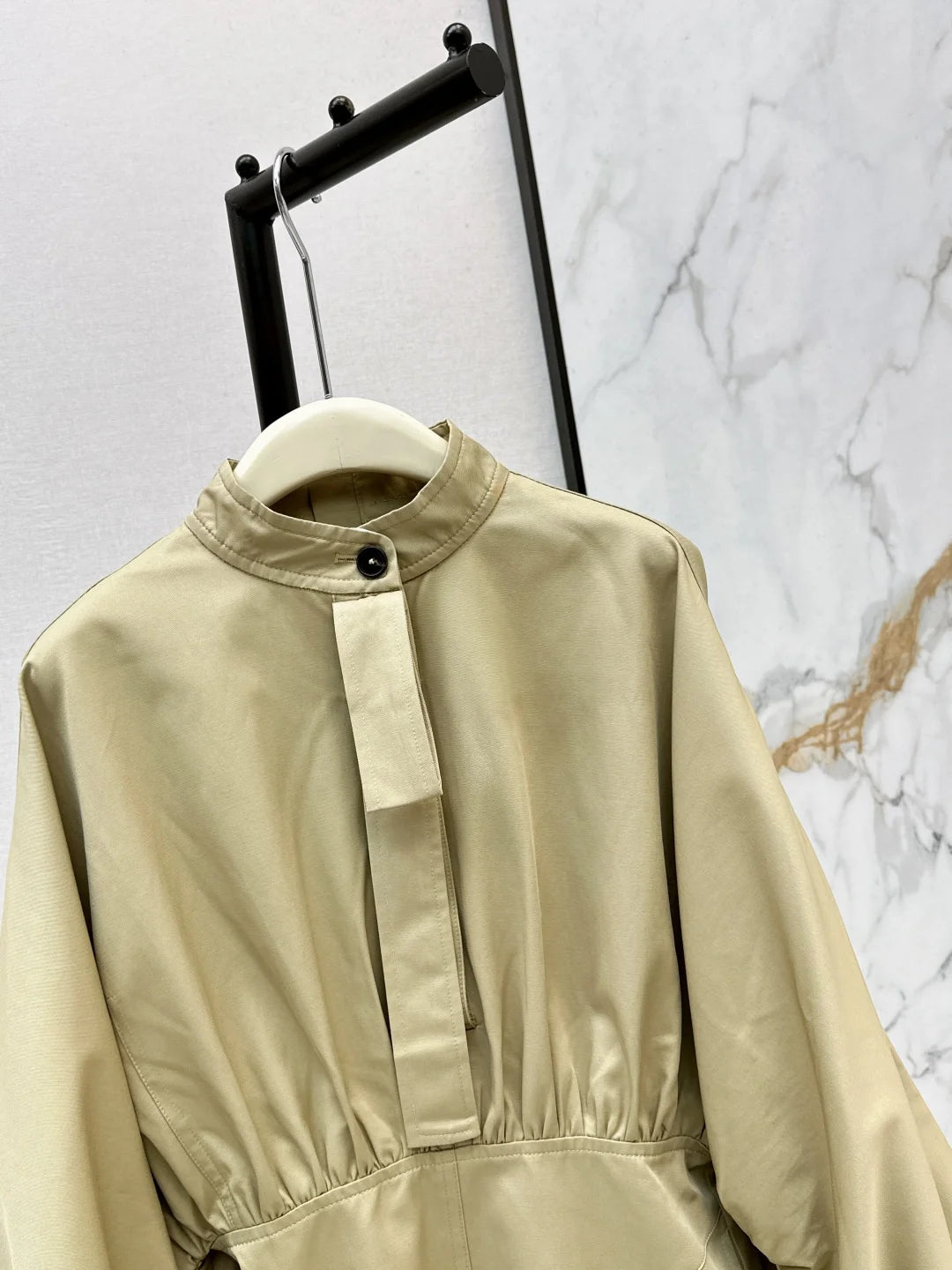 Women's Long Sleeve Stand Collar Pleated Waist Zipper Solid Color Dress Spring Autumn Casual Elegant Style 26702146