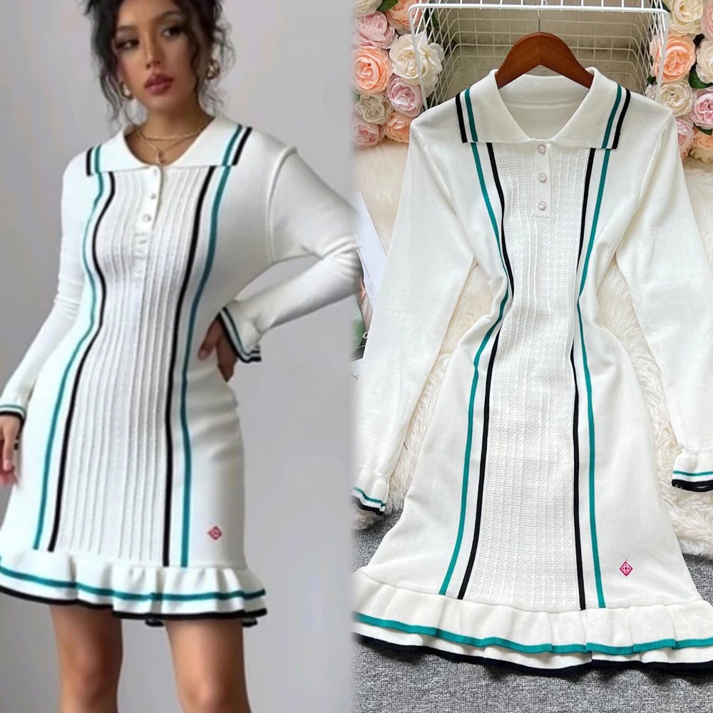 YuooMuoo Chic Fashion Sexy Package Hips Knitted Mini Dress 2026 Summer Vintage Turn-down Collar Ruffled Party Dress Streetrwear