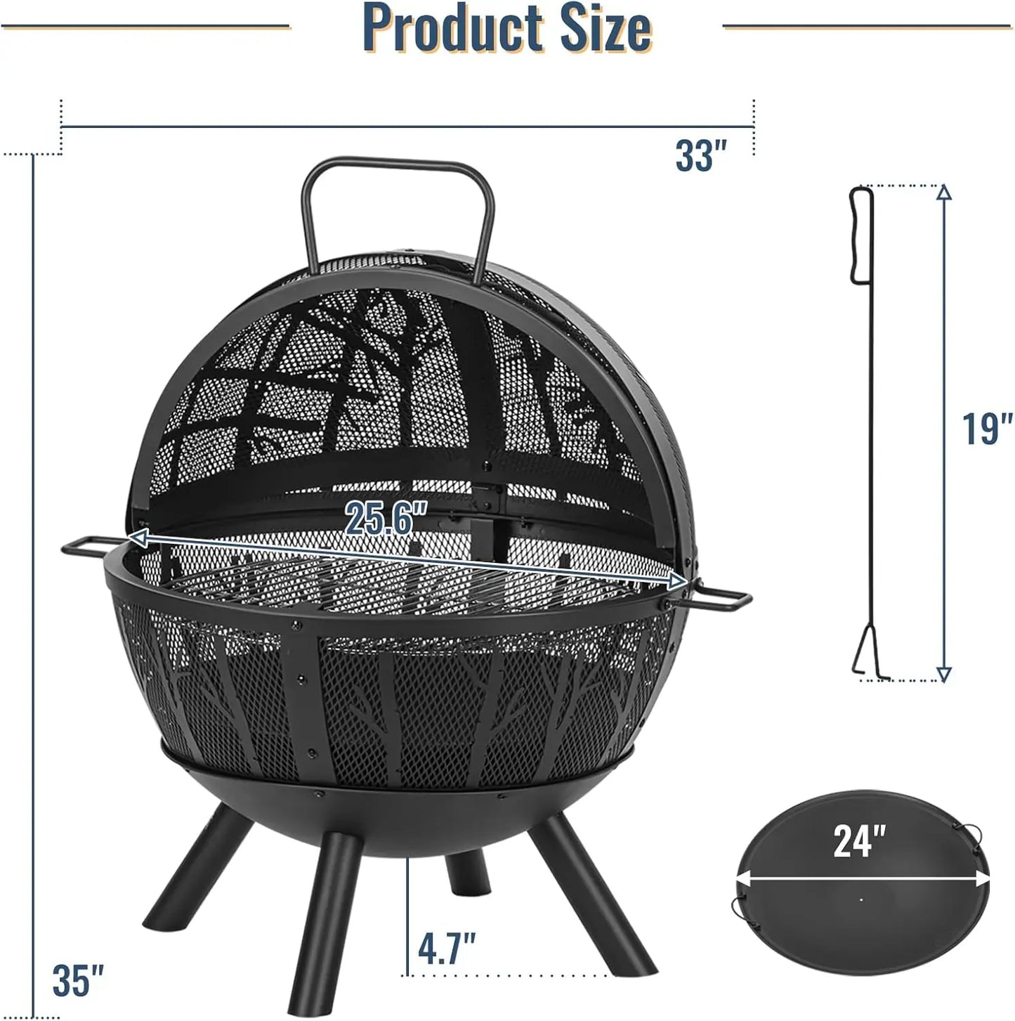 35 Inch Wood Burning Fire Pit with BBQ Grill, Heavy Duty Fire Pits Ball for Outside with Spark Screen & Removable Ash Pan,