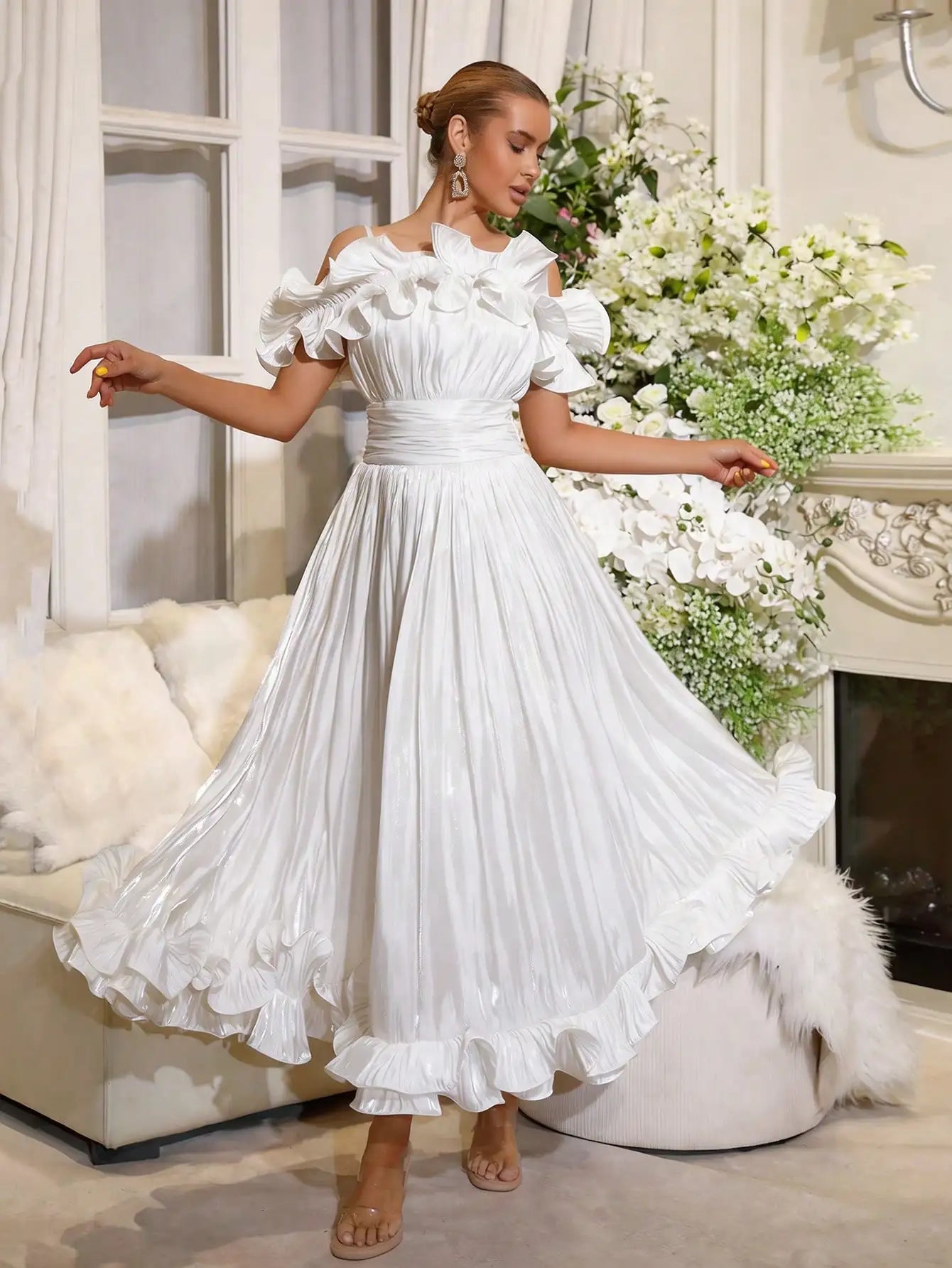 Off-Shoulder Pleated Maxi Dress With Ruffled Detail And Cinched Waist For Formal Occasion