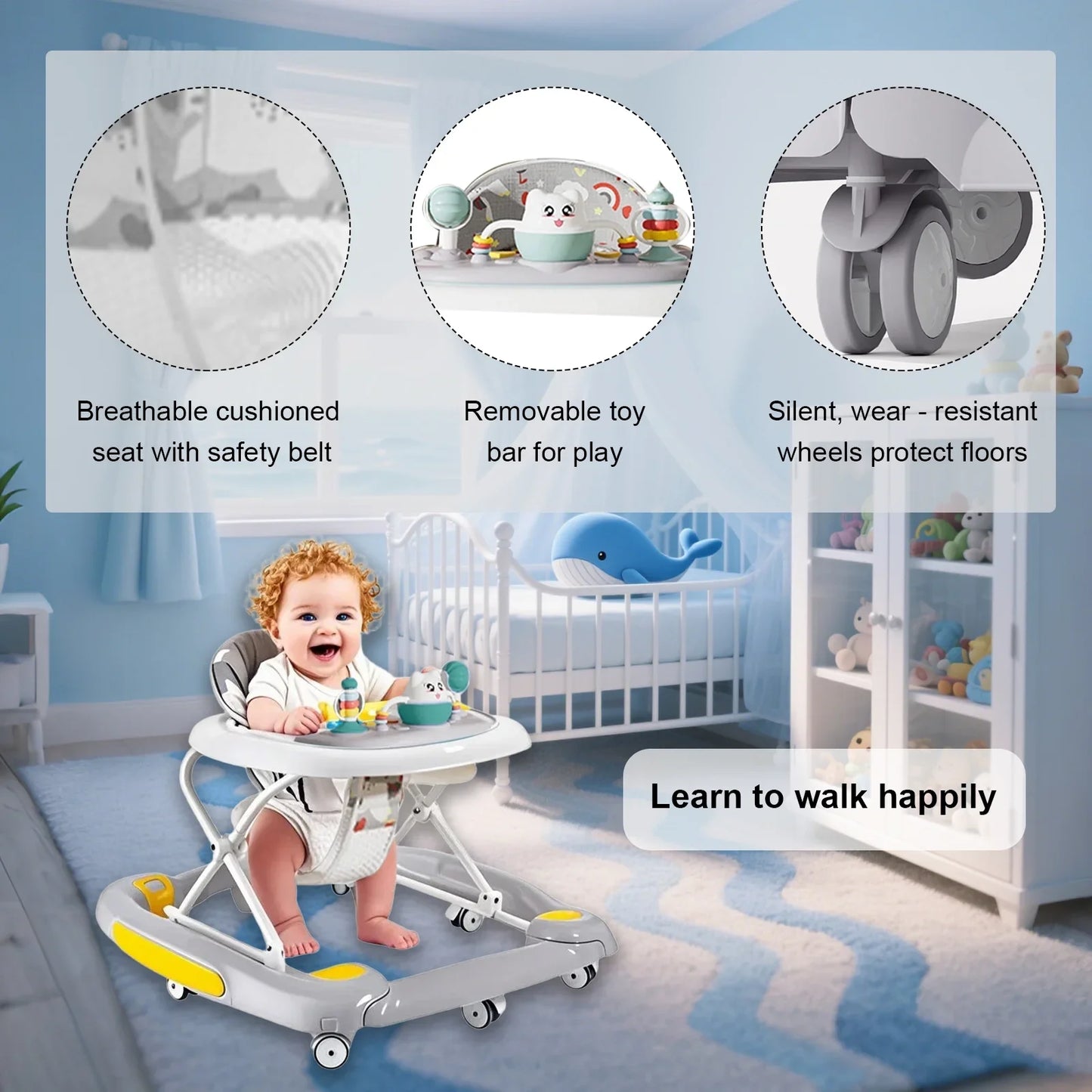 Foldable Baby Walkers With Universal Wheel Multifunction Anti-Roll Anti O-Leg Walker Handcart Learning Start Walker