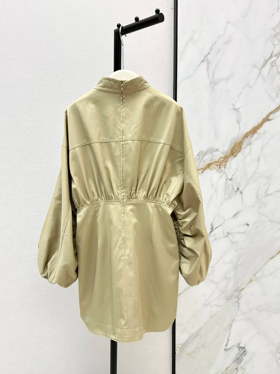 Women's Long Sleeve Stand Collar Pleated Waist Zipper Solid Color Dress Spring Autumn Casual Elegant Style 26702146