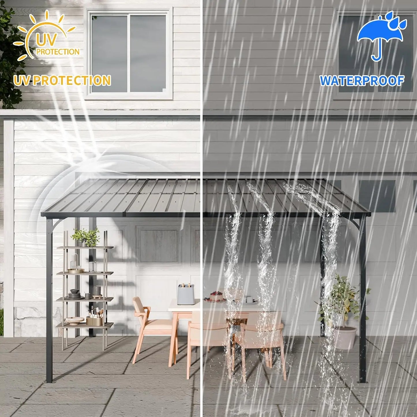Patio Lean to Gazebo with Galvanized Steel Roof, 12x8 FT Outdoor Metal Wall-Mounted Pergola for Garden, Lawn, Poolside,, Custom