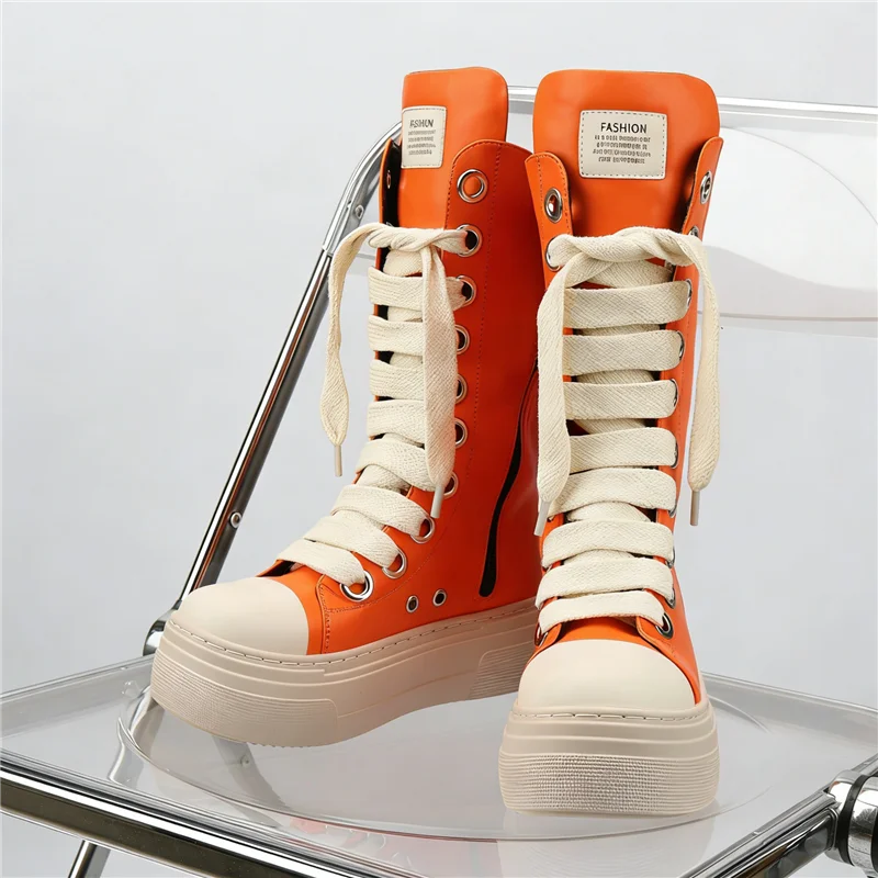 Fashion Thick Bottom Platform Unisex Shoes Women's Casual Sport Mid Boots Cross Tied All Match Increase Sneakers Female Runway