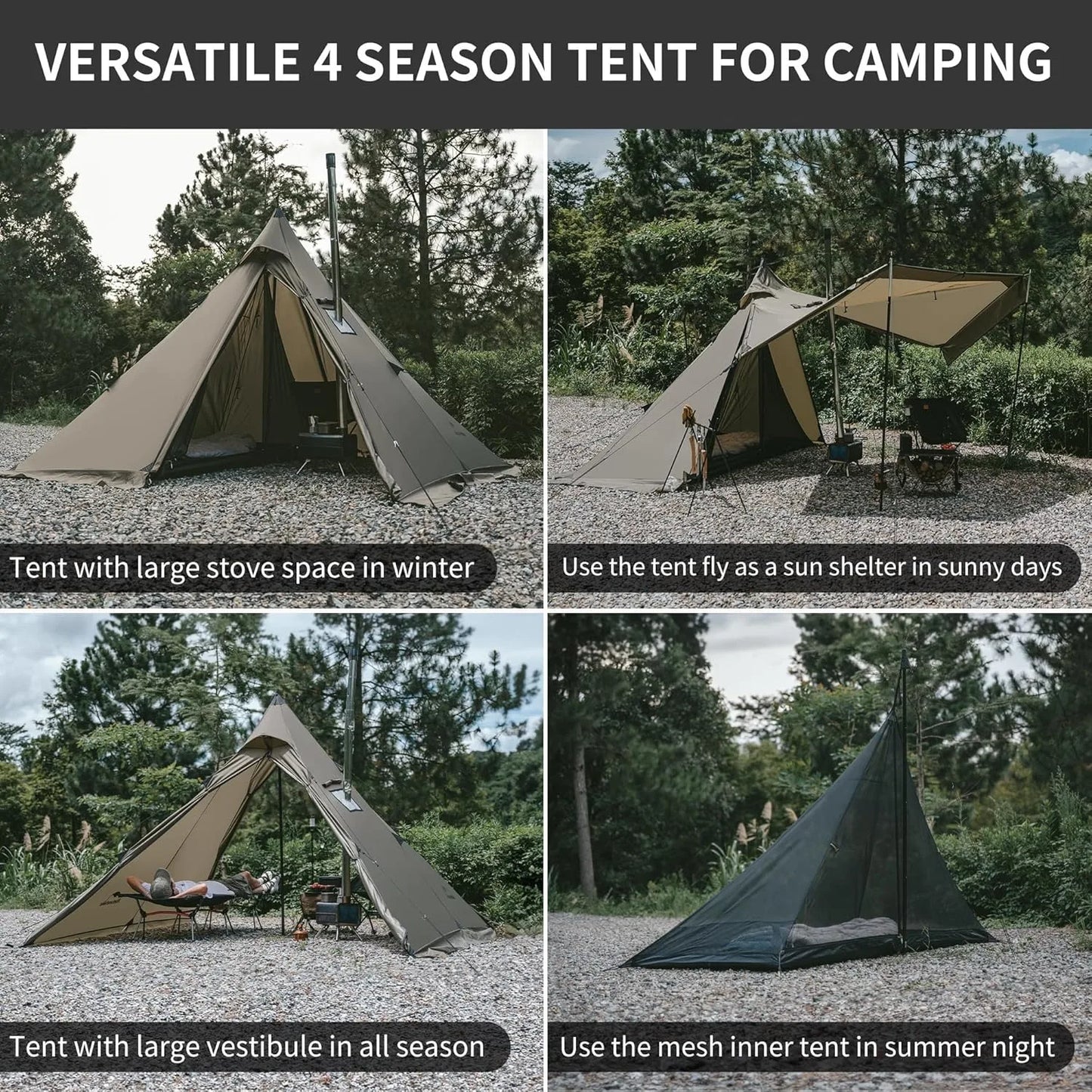 Naturehike Camping Tent with Chimney Window 2-4 Person Outdoor Ultralight Tipi Teepee Tent Pyramid Double Layer Flame-retardant