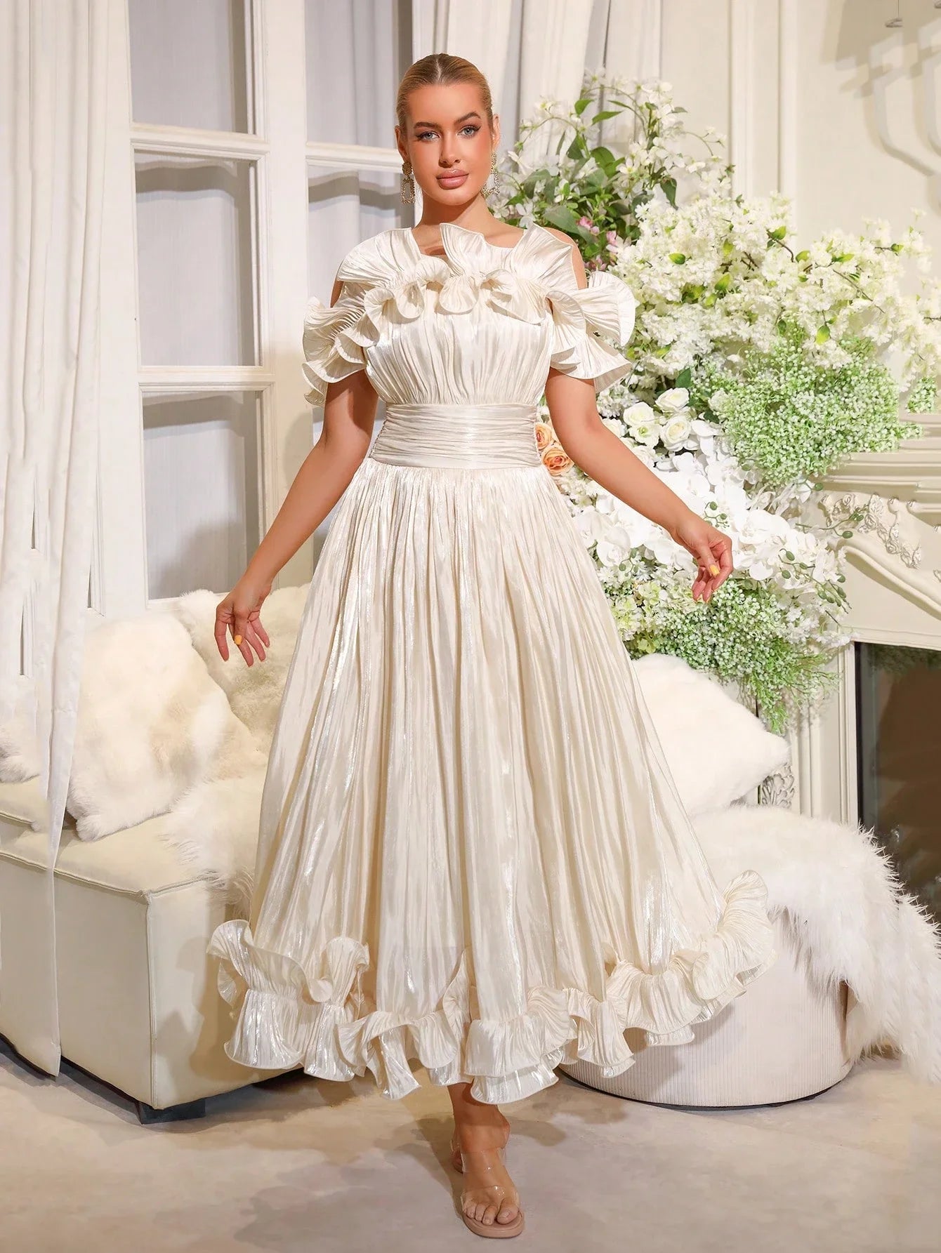 Off-Shoulder Pleated Maxi Dress With Ruffled Detail And Cinched Waist For Formal Occasion