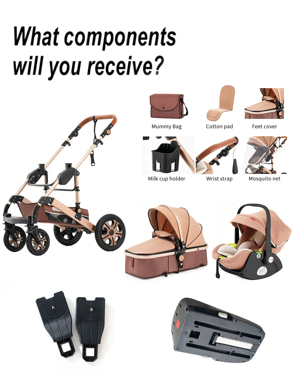 Baby Stroller Combo Car Seat  Infant Pushchair with Carry Cot Foldable Reversible Pram,Travel System with Isofix Base Upto 55lbs