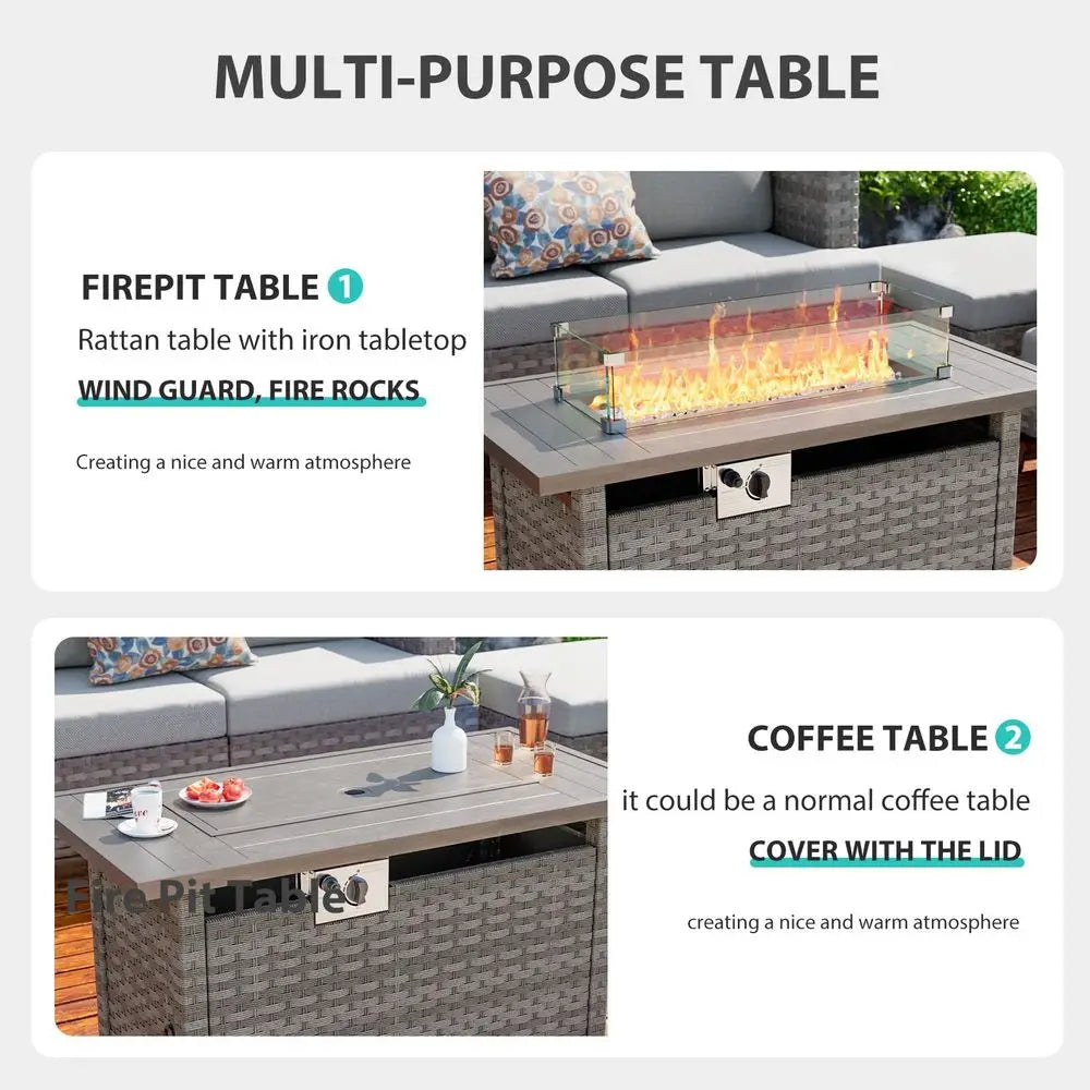 Fire Pit Table with Wind Guard for Outdoor, AutoIgnition Propane Gas Firepits Rattan Rectangular Table for Outside Patio 60,000