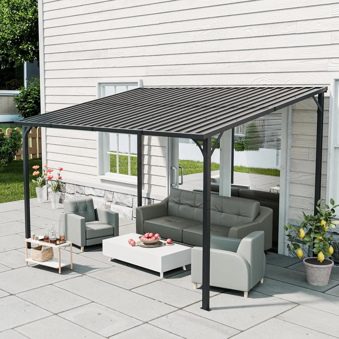 Patio Lean to Gazebo with Galvanized Steel Roof, 12x8 FT Outdoor Metal Wall-Mounted Pergola for Garden, Lawn, Poolside,, Custom