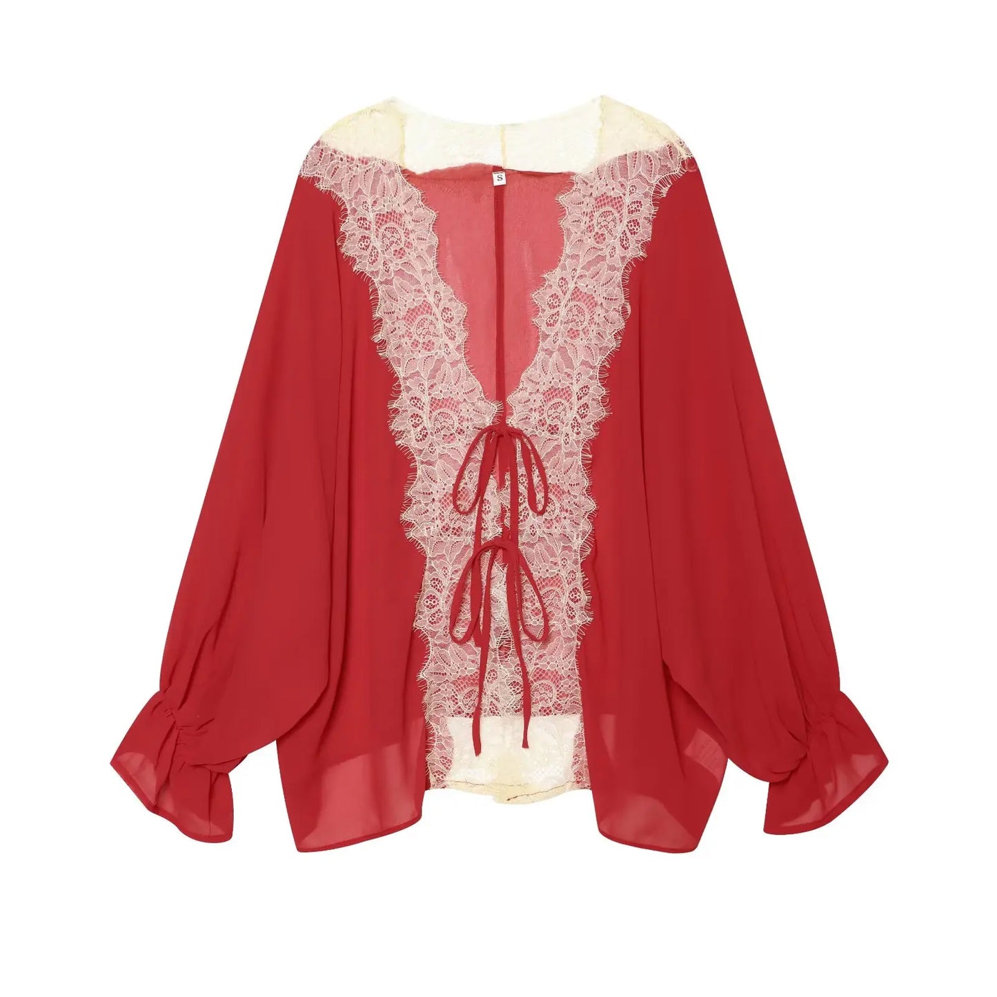 TFMLN Women Lace Patchwork Lantern Long Sleeve Shirt Top Tie-up Loose Sheer Blouse Elegant Irregular High Street Fashion Lady