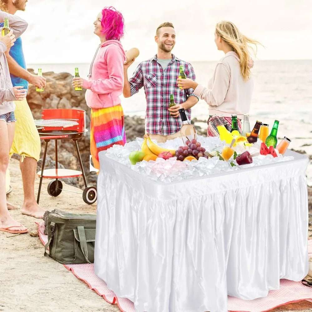 Folding Ice Cooler Table with Skirt, Drain & Bucket, Portable Buffet Beverage Server for Party, BBQ, Camping