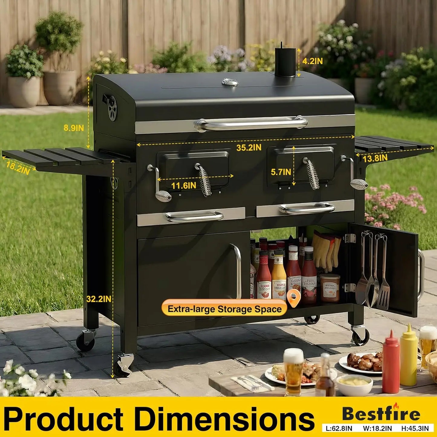 Large 63' Charcoal BBQ Grill & Smoker Outdoor with 2 Individual Lifting Charcoal Trays, Customized