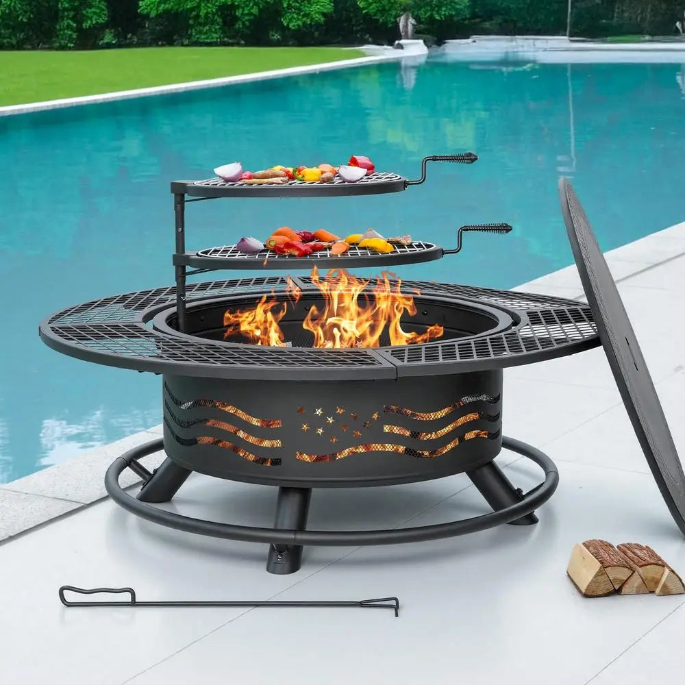 47 Inch Fire Pit with 2 Cooking Grates, Outdoor Wood Burning BBQ Grill Firepit Bowl with Cover Lid, Steel Round Table for Backy