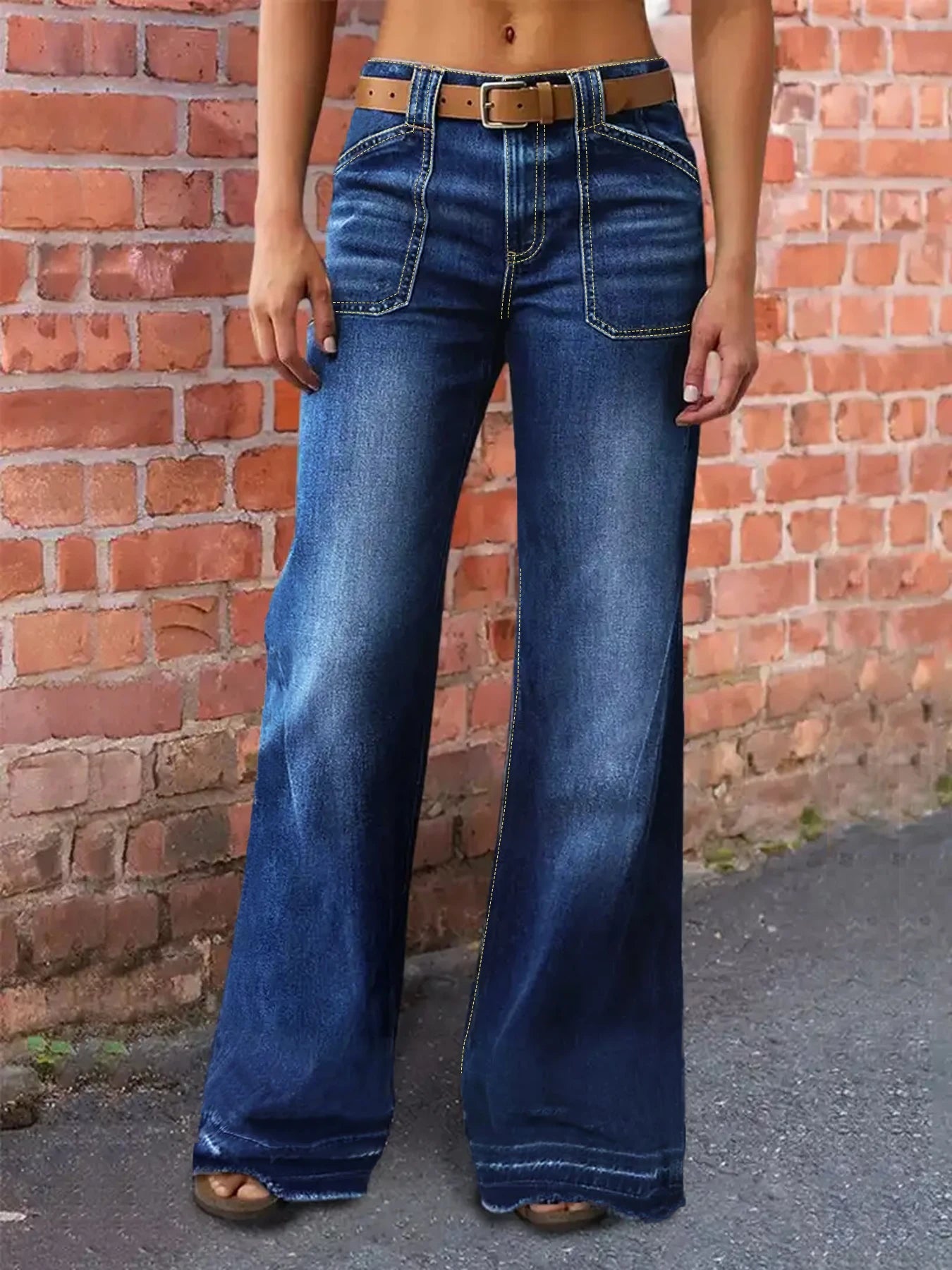 Plus Size Women's Dark Wash Mid Rise Wide Leg Jeans, Contrast Stitching, Casual Loose Fit Vintage Straight Denim Trousers