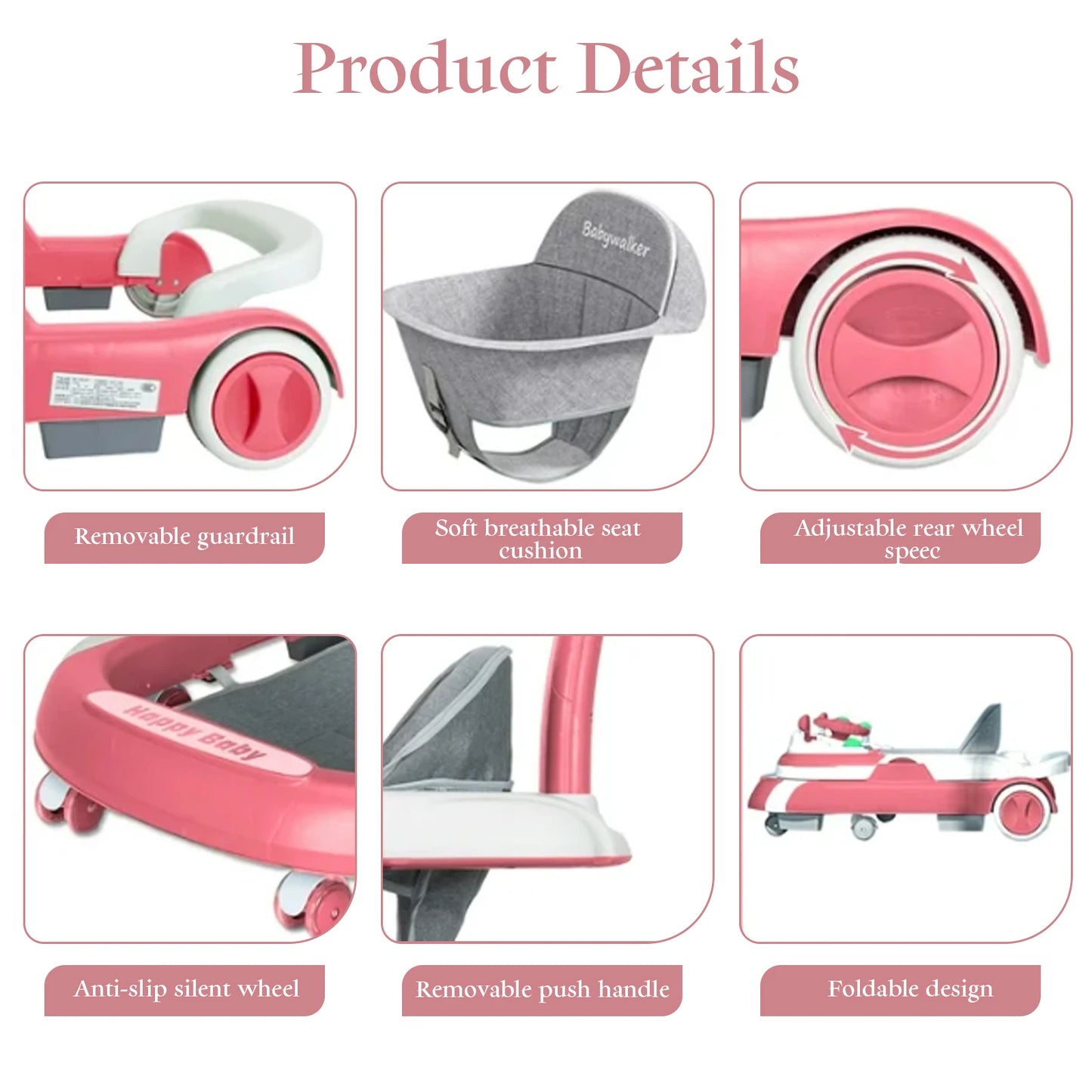 4 in 1 Baby Walker Toddler Baby Push Walker with Sunshade, Removable Feeding Tray and Music Tray Foldable Walker