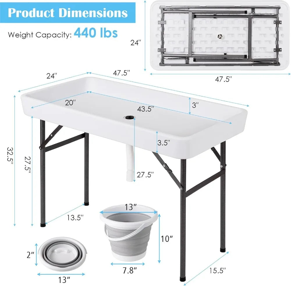 Folding Ice Cooler Table with Skirt, Drain & Bucket, Portable Buffet Beverage Server for Party, BBQ, Camping