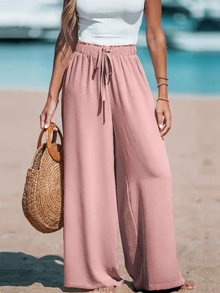 Women's Casual Wide Leg Pants - All Season Comfort Pockets Elastic Waist Loose Fit Solid Color Pants Suitable for Outdoor and Le