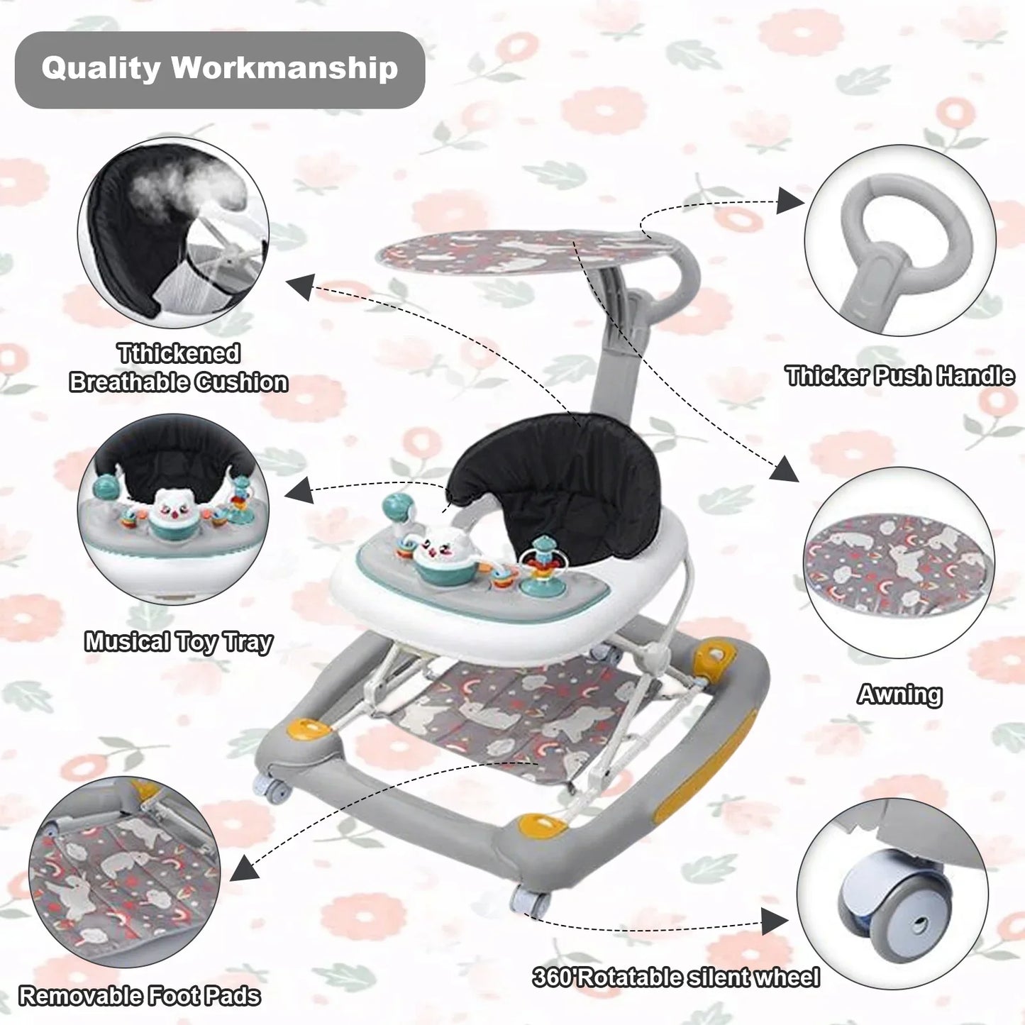 Foldable Baby Walkers With Universal Wheel Multifunction Anti-Roll Anti O-Leg Walker Handcart Learning Start Walker