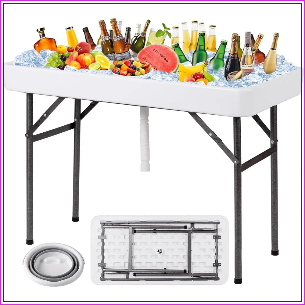Folding Ice Cooler Table with Skirt, Drain & Bucket, Portable Buffet Beverage Server for Party, BBQ, Camping