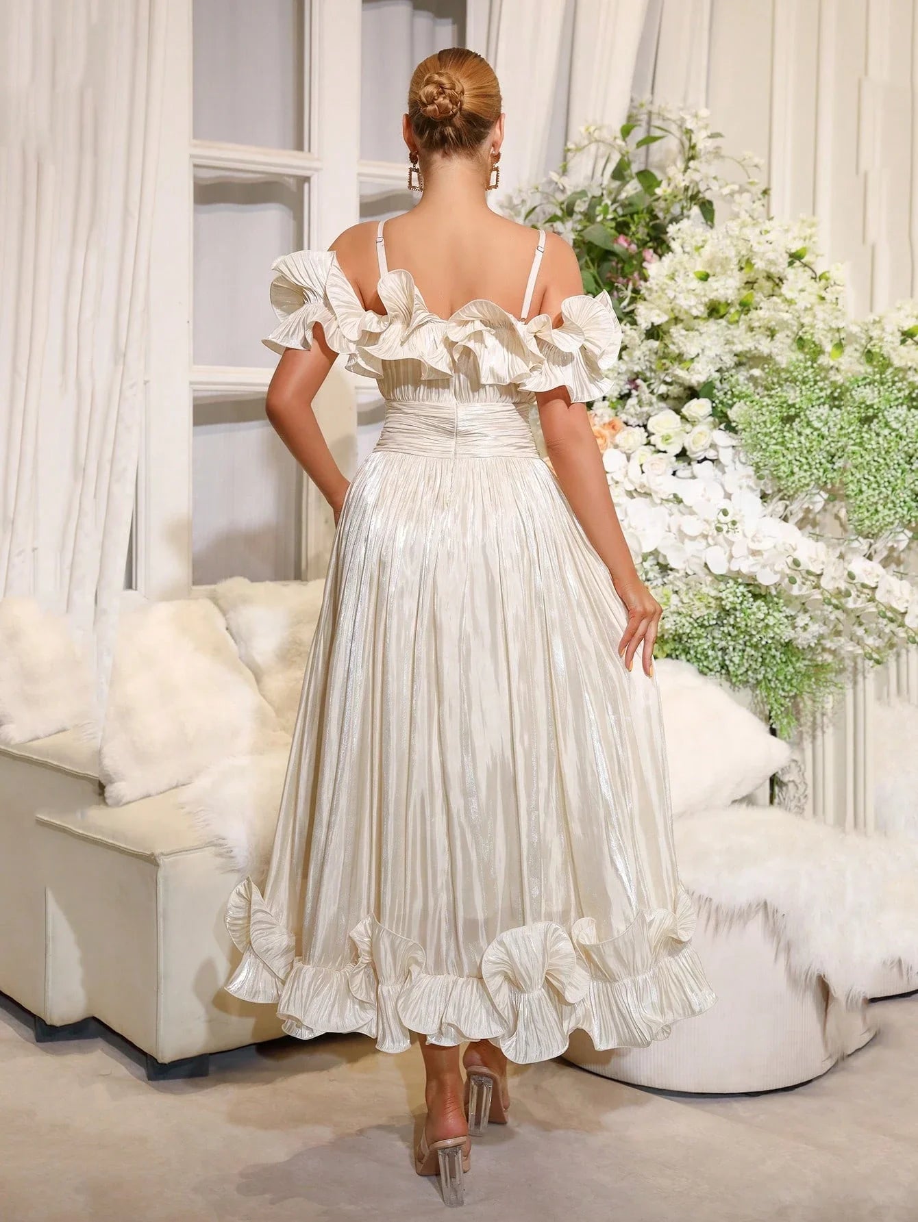 Off-Shoulder Pleated Maxi Dress With Ruffled Detail And Cinched Waist For Formal Occasion