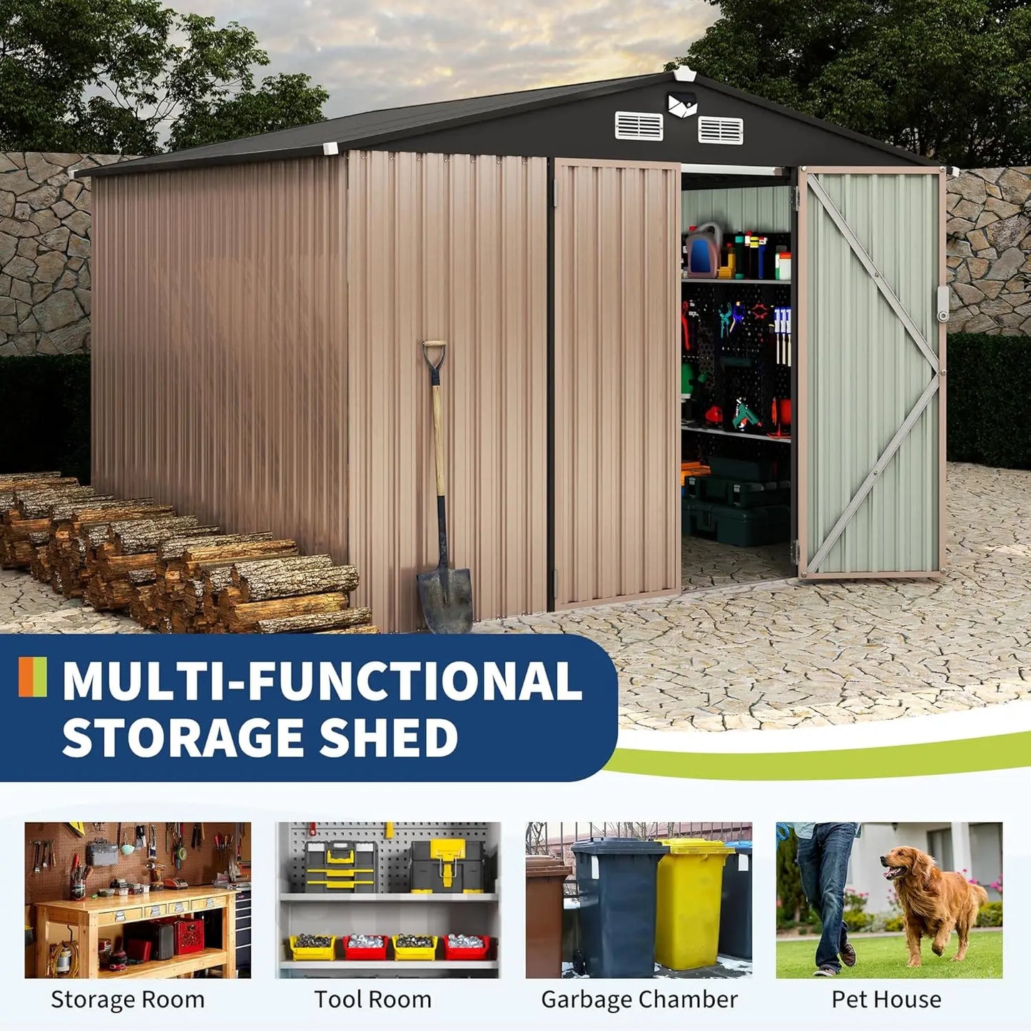 8x10 FT Metal Storage Sheds Outdoor with Solar Light, MetalTool Shed with Lockable Door, MetalYard Sheds Garden, Customized