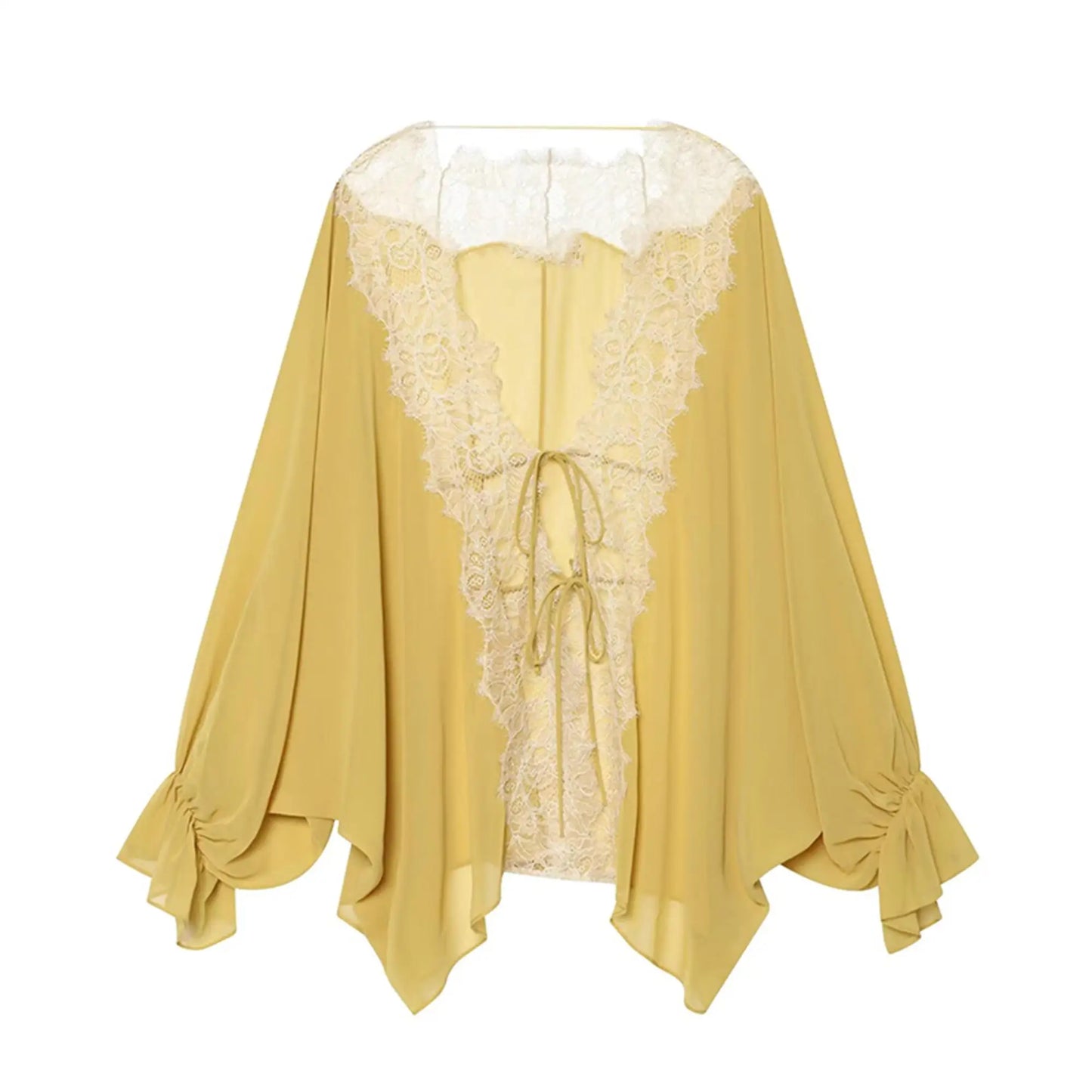 TFMLN Women Lace Patchwork Lantern Long Sleeve Shirt Top Tie-up Loose Sheer Blouse Elegant Irregular High Street Fashion Lady