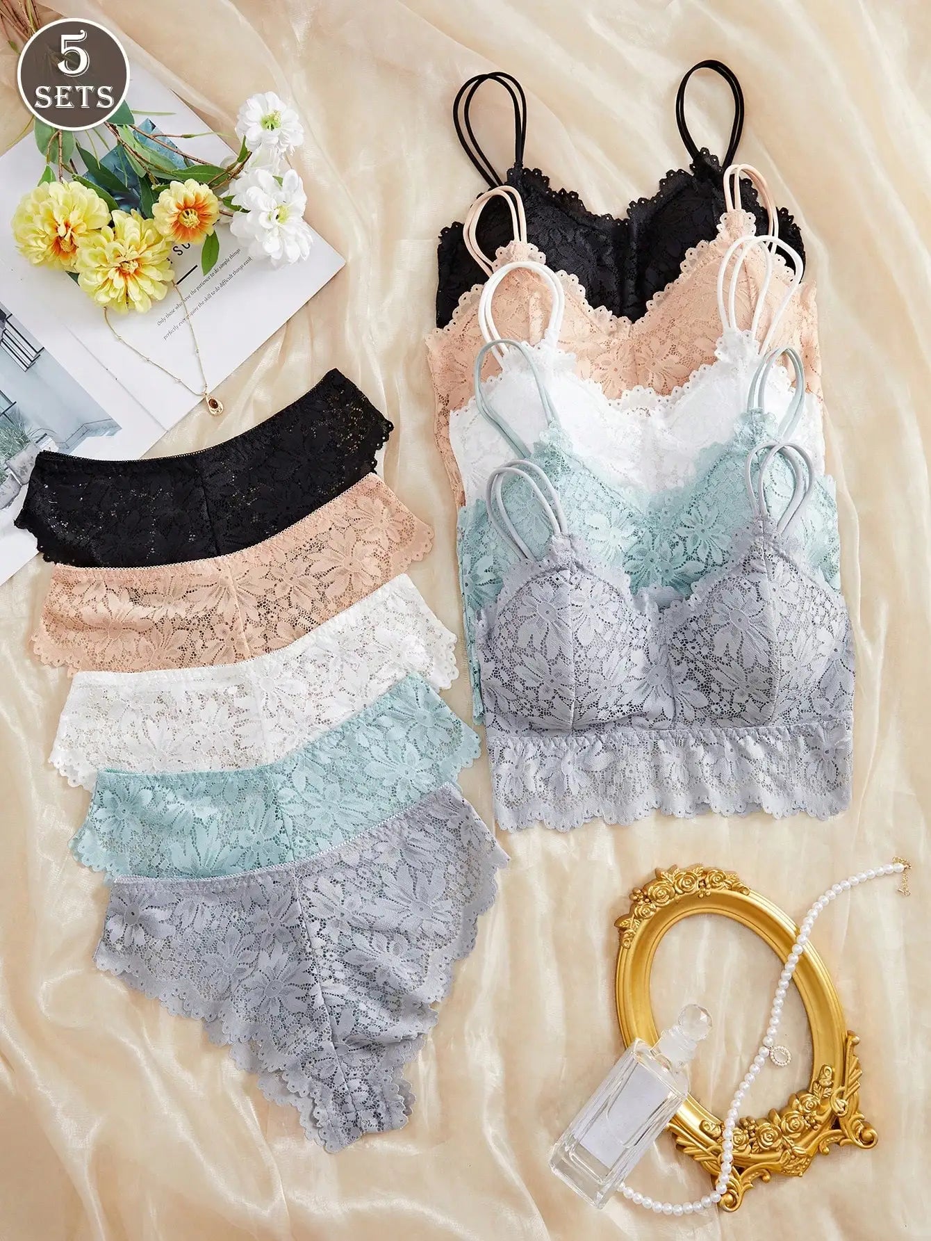 5 Sets Women Lace Bra And Brief Set With Padded Cup Thin Strap