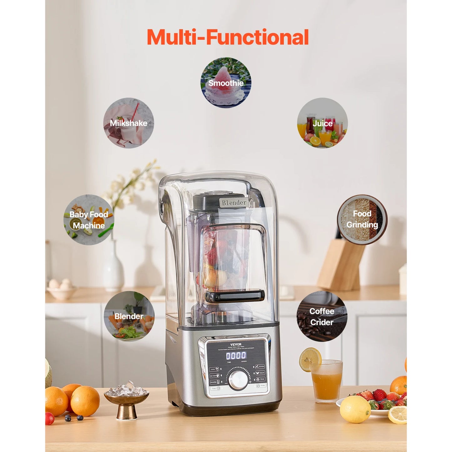 Succebuy 2.5L/3.5L Electric Blender for Smoothies 1400W Multi-Functional Food Processing Blender&Noise Cover for Kitchen