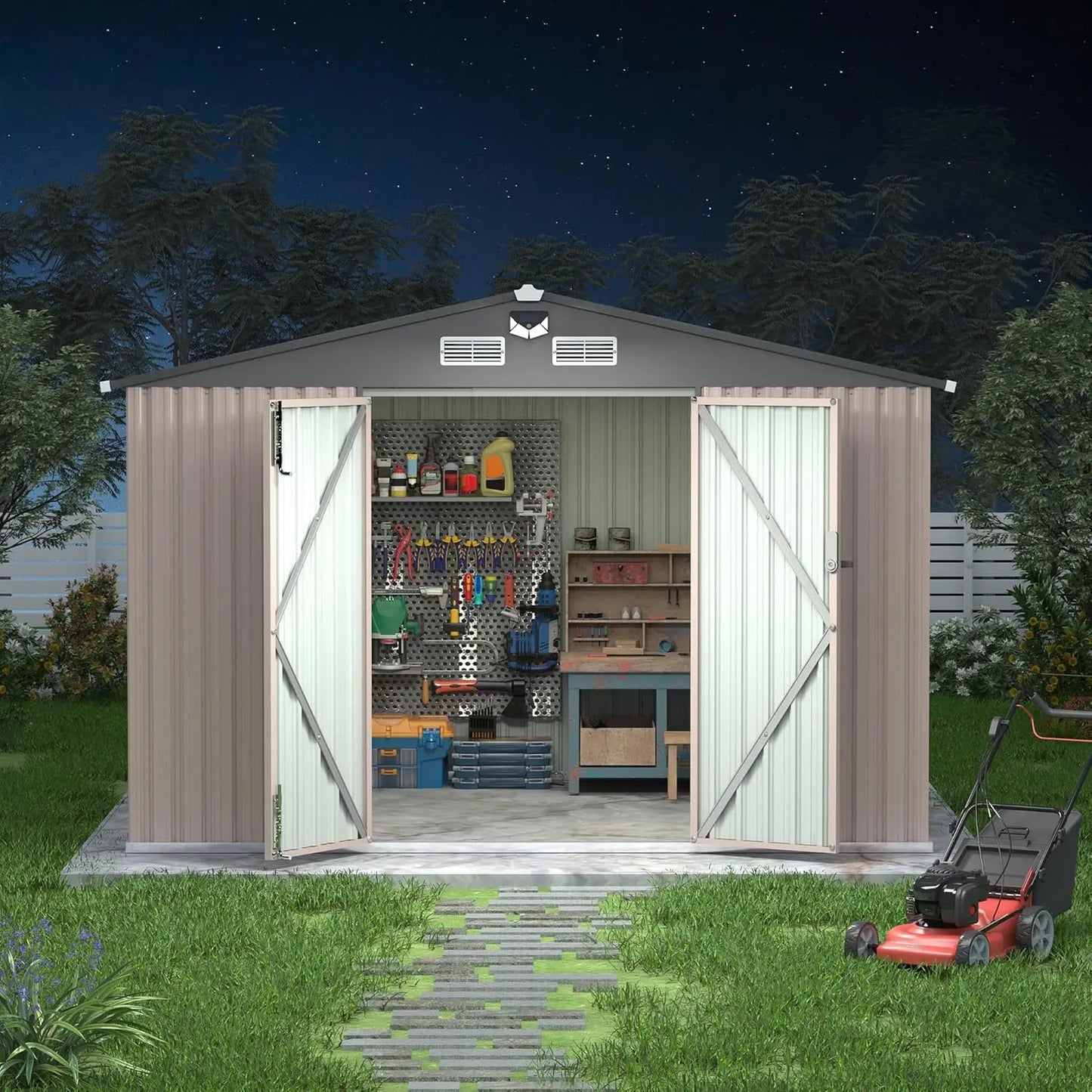 8x10 FT Metal Storage Sheds Outdoor with Solar Light, MetalTool Shed with Lockable Door, MetalYard Sheds Garden, Customized
