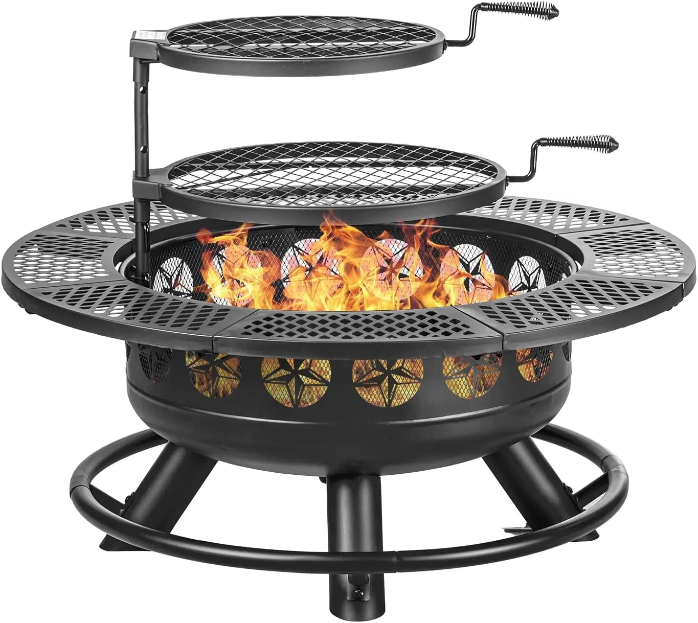 36 Inch Fire Pit with 2 Cooking Grills,Outdoor Wood Burning BBQ Firepit with Lid, 3-in-1 Outdoor Fire Pit for Backyard