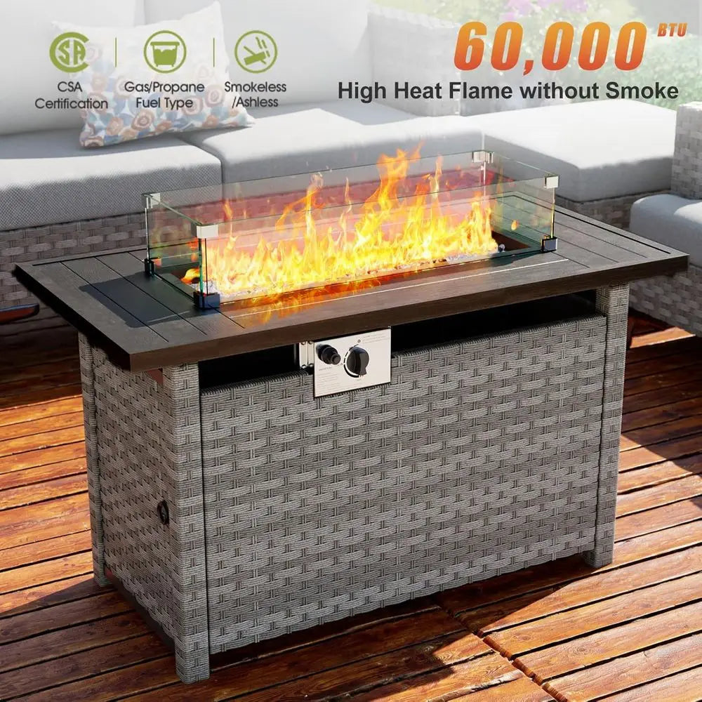 Fire Pit Table with Wind Guard for Outdoor, AutoIgnition Propane Gas Firepits Rattan Rectangular Table for Outside Patio 60,000