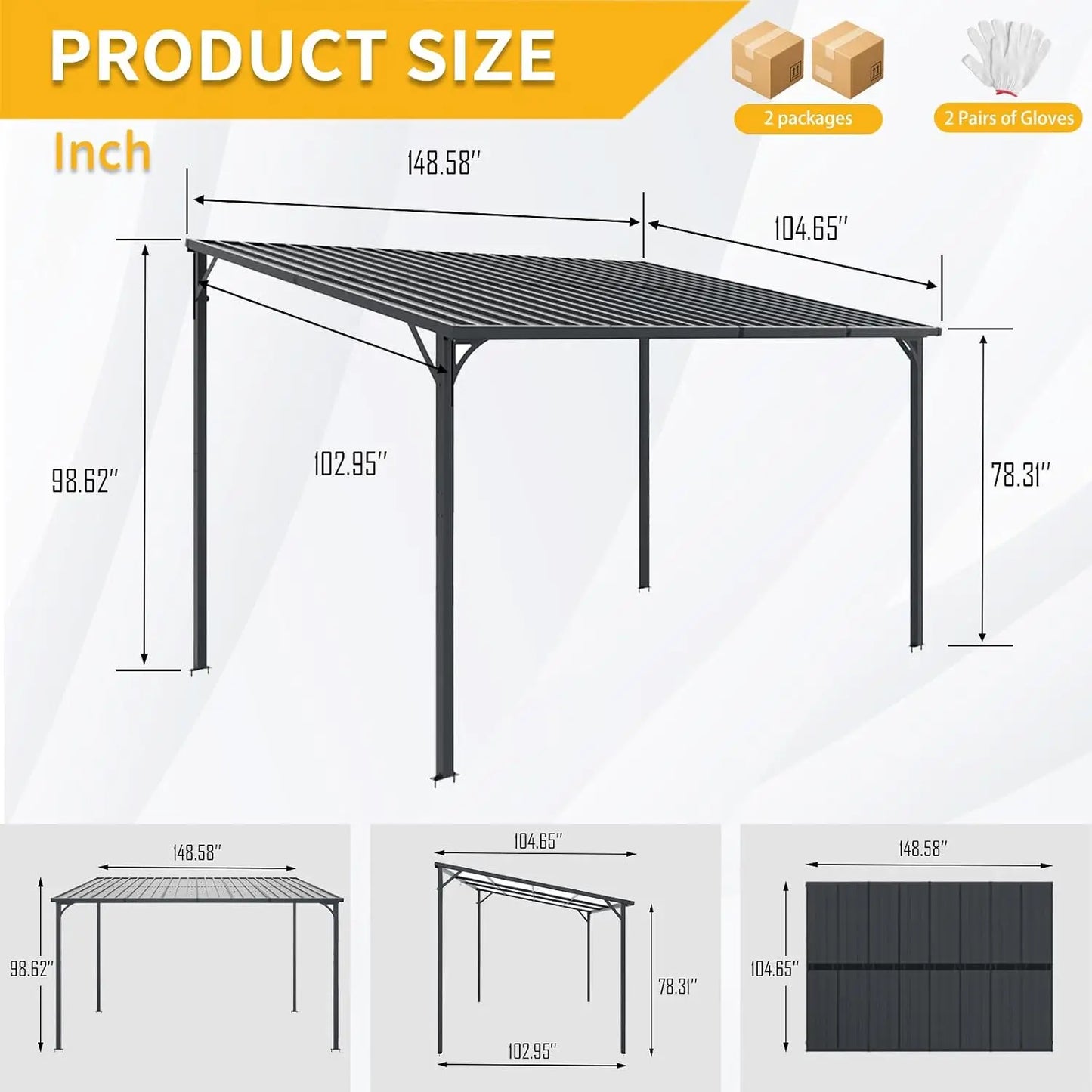 Patio Lean to Gazebo with Galvanized Steel Roof, 12x8 FT Outdoor Metal Wall-Mounted Pergola for Garden, Lawn, Poolside,, Custom