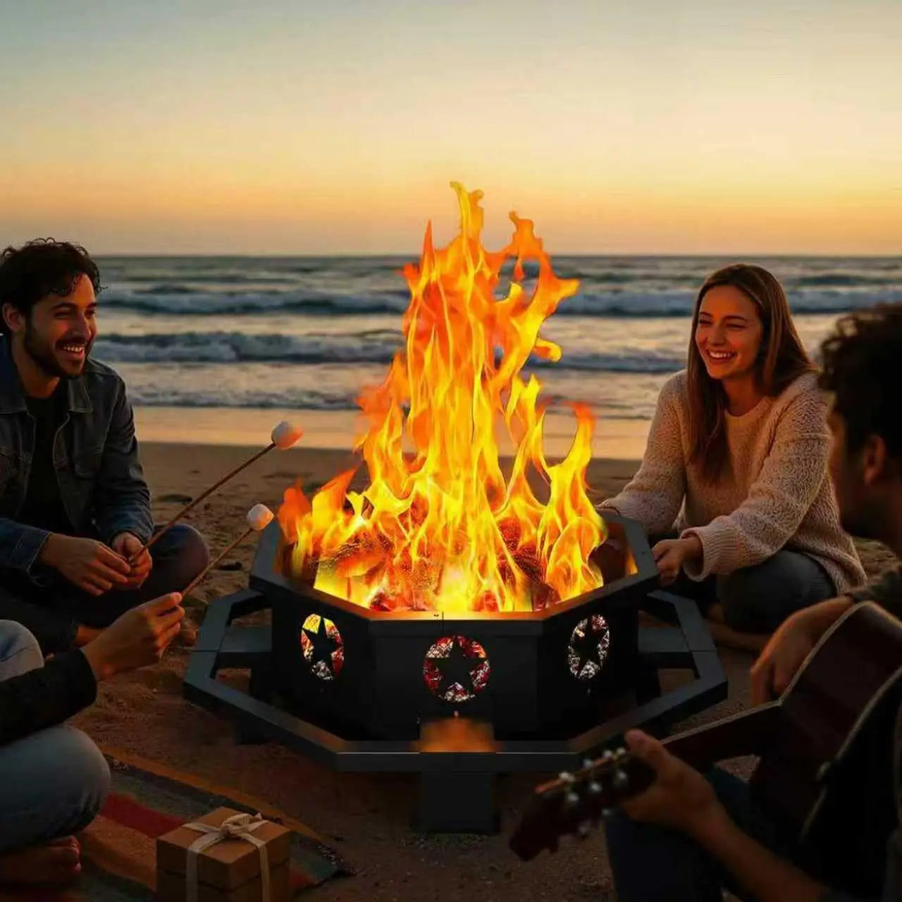 45 Inch Fire Pit for Outside Wood Burning, Outdoor Octagonal Fire Pit with Poker,