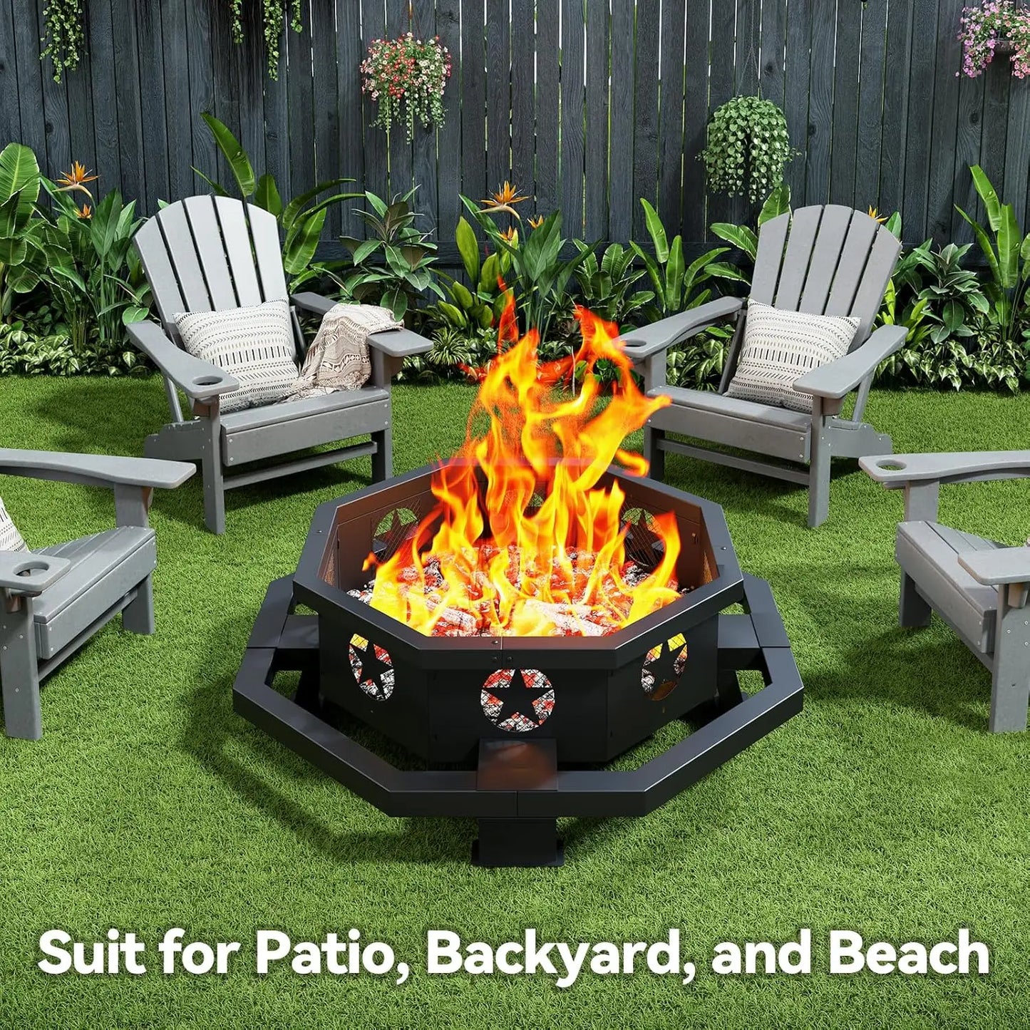 45 Inch Fire Pit for Outside Wood Burning, Outdoor Octagonal Fire Pit with Poker,
