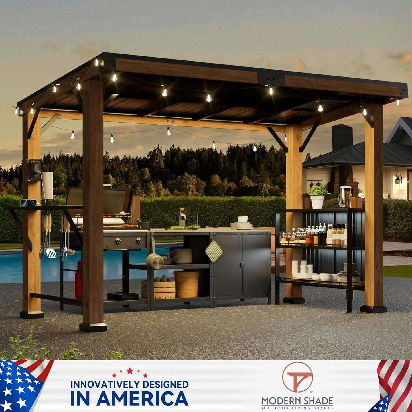 Modern Shade Woodberry Grill Gazebo 6' X 12', Cedar Wood Gazebo with Dual bar Tops & Shelves, Patio Bar with Galvanized, Custom