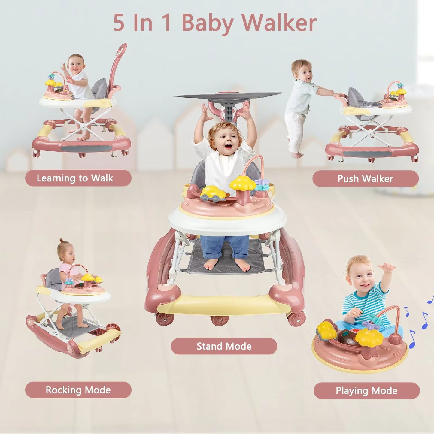 Multifunctional Baby Walker with Music,Lights,Spinning Wheels,Toy Rack,Pusher,Dining Tray For Kids Push Walker Antirollover 2026
