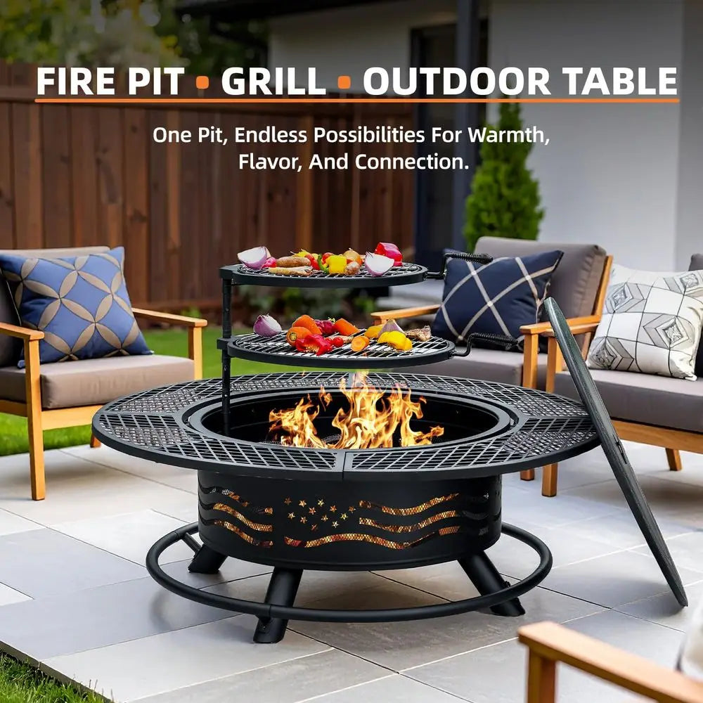 47 Inch Fire Pit with 2 Cooking Grates, Outdoor Wood Burning BBQ Grill Firepit Bowl with Cover Lid, Steel Round Table for Backy