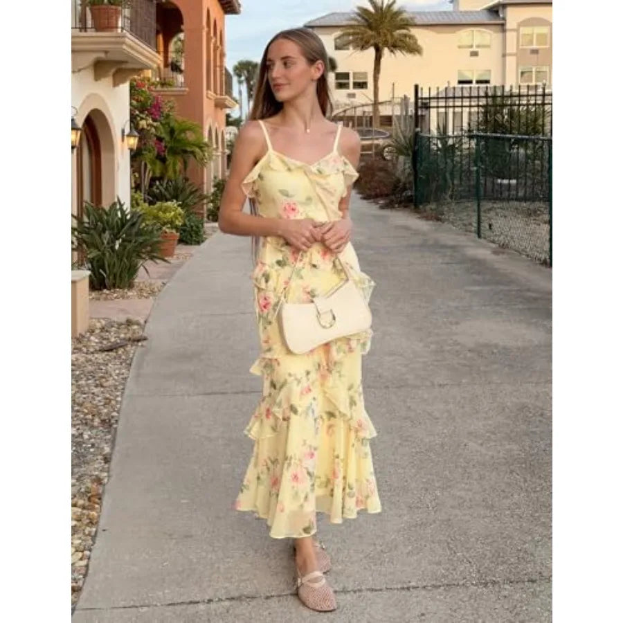 MEROKEETY Summer Floral Wedding Guest Maxi Dress Women 2026 Vacation Formal Bodycon Spaghetti Strap Cocktail Party Long Dress