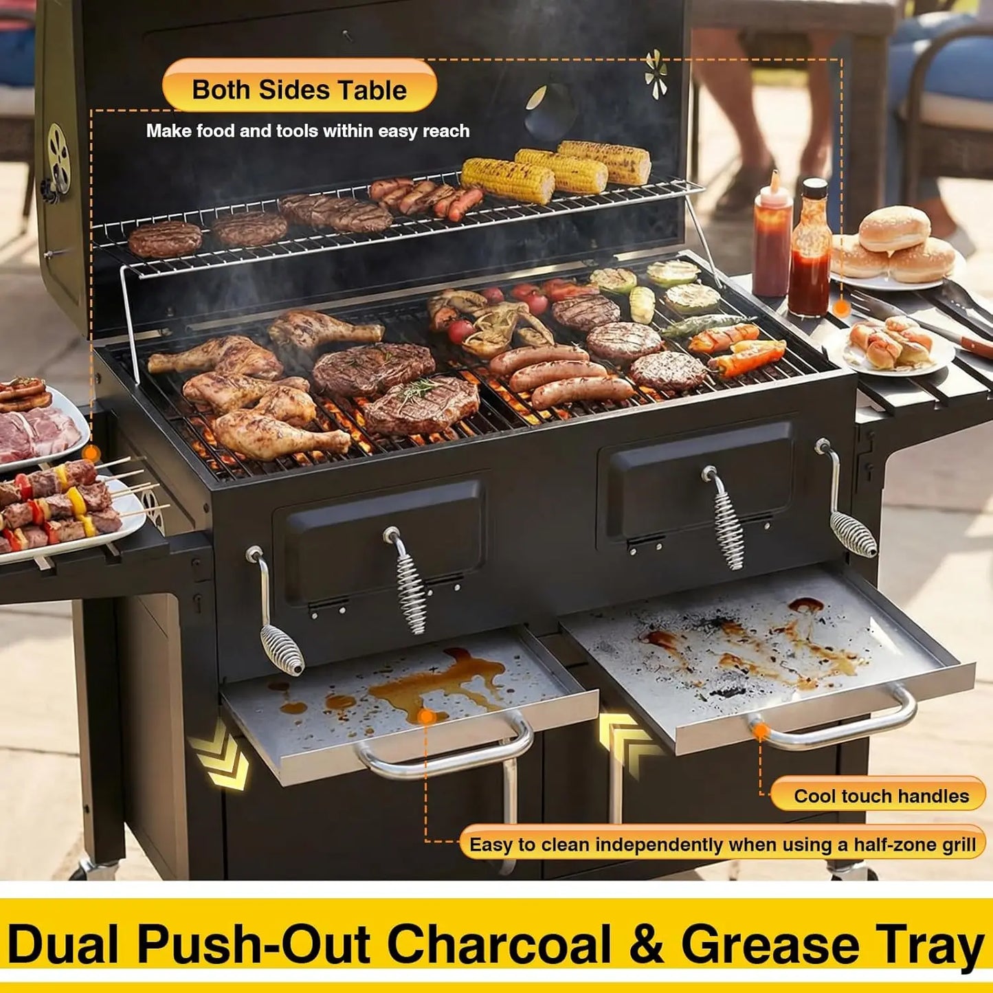 Large 63' Charcoal BBQ Grill & Smoker Outdoor with 2 Individual Lifting Charcoal Trays, Customized
