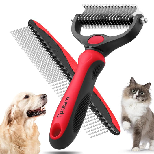 Deshedding Dog Brush for Long Haired Dogs Cats, Undercoat Rake, Dematting Tool, Metal Pet Comb, Red