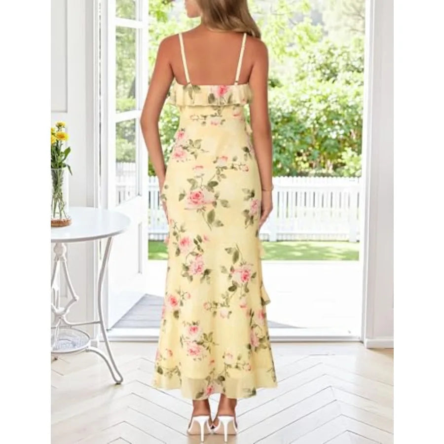 MEROKEETY Summer Floral Wedding Guest Maxi Dress Women 2026 Vacation Formal Bodycon Spaghetti Strap Cocktail Party Long Dress