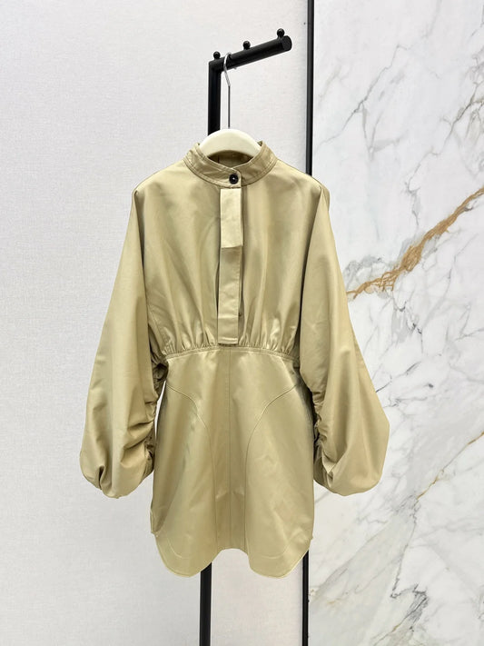 Women's Long Sleeve Stand Collar Pleated Waist Zipper Solid Color Dress Spring Autumn Casual Elegant Style 26702146