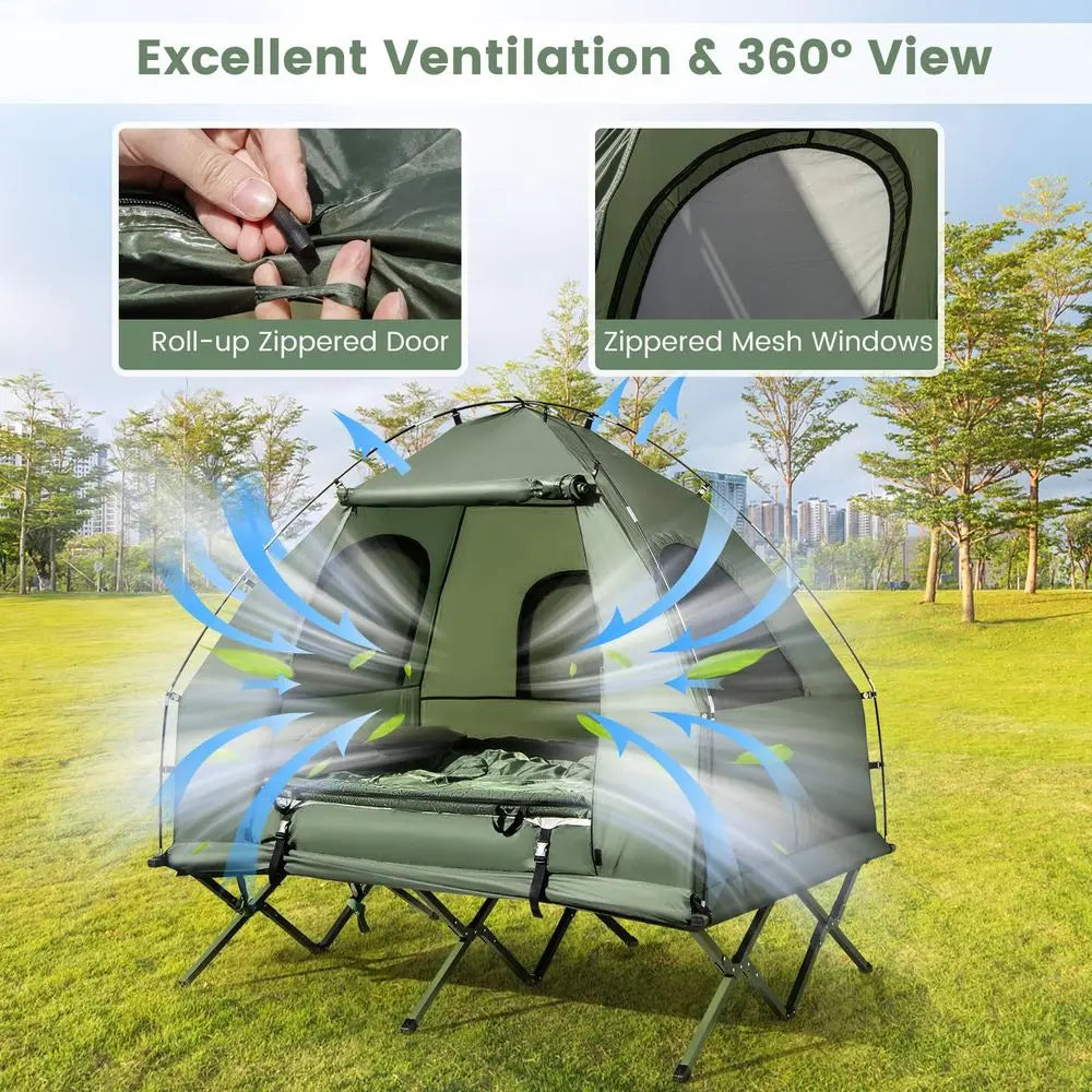 Camping Tent Cot, 5in1 Folding Camping Bed with Air Mattress, Pillow, Sleeping Bag, Waterproof Elevated Tent Shelter, Portable