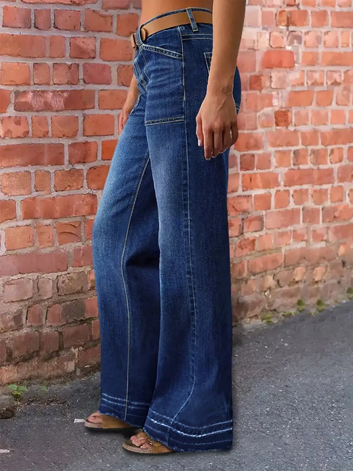 Plus Size Women's Dark Wash Mid Rise Wide Leg Jeans, Contrast Stitching, Casual Loose Fit Vintage Straight Denim Trousers