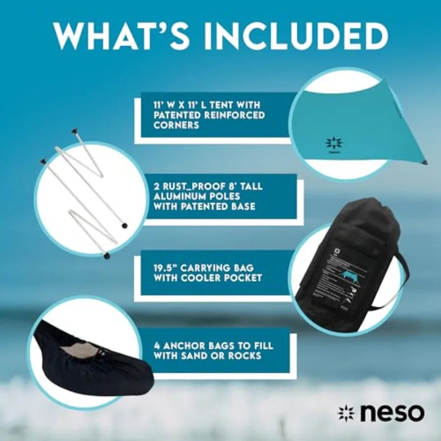 Portable beach tent for family outings, lightweight polyester fabric, navy blue, UPF 50+ sun protection and patented reinforced