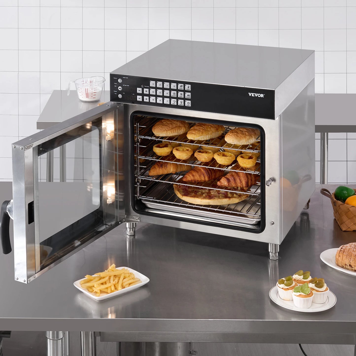 SucceBuy Commercial Convection Oven 58L 2800W 4-Tier Toaster Oven with Tempered Glass Door Racks Clip Tray Gloves for Restaurant